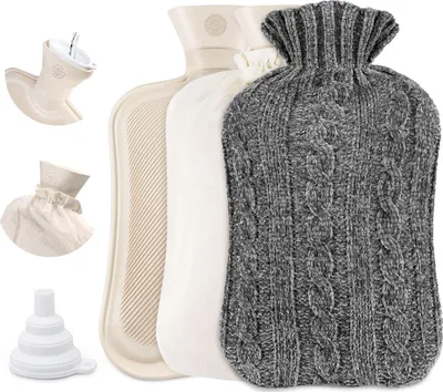 Produktbild von Weiche Premium Plüsch-Warmwasserflasche - 2 Liter Groß - Natürliches Gummi - Bettflasche mit Wassertrichter - Warmwasserflasche für Erwachsene und Kinder - Winterheizung - Grau