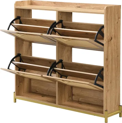 Immagine prodotto di okwish Scarpiera moderna in legno con quattro ante pieghevoli in rattan, scarpiera con ripiano superiore e vano a giorno, colore legno