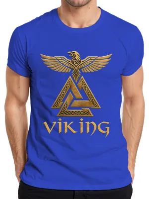 Immagine prodotto di T-shirt blu, taglia 3XL, con motivo del Valknut, del corvo, di Odino, ispirato alla mitologia nordica, con immagini di guerrieri e riferimenti a Valhalla