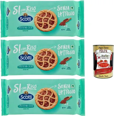 Produktbild von Riso Scotti Si con Riso, Crostatina Cacao, Kuchen Kekse mit laktosefreier Schokoladencreme, ideal zum Frühstück, ohne Palmöl, ohne Milchproteine, 3x 144 gr + Italian Gourmet polpa 400g