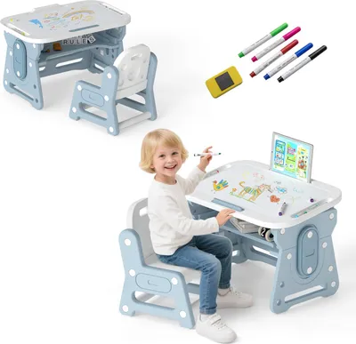 Produktbild von GOPLUS Kindertisch mit Stuhl, höhenverstellbare Kindersitzgruppe mit neigbarem Whiteboard, Tablethalter, Basteltisch für Kinder ab 3 Jahren, Blau