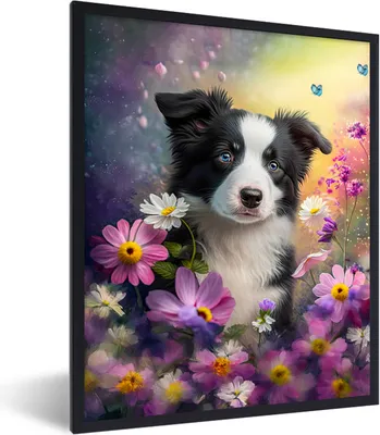 Produktbild von MuchoWow® Gerahmtes Poster Hund - Blumen - Natur - Welpe - Border Collie 30x40 cm - Poster mit Schwarzem Bilderrahmen Wandposter Rahmen Foto Bilder - Wanddeko - Kunstdrucke