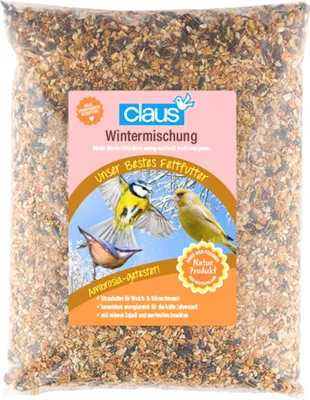 A bag of bird seed with a label showing birds.