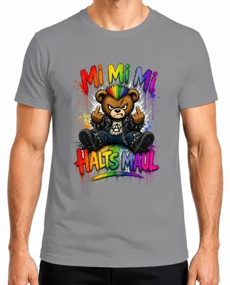 Imagen del producto de Camiseta para hombre, color gris, con el texto "Mi Mi Mi Halts Maul Bär Punk Rocker Statement" (en alemán), estilo sarcástico, diseño de oso de peluche. Talla L