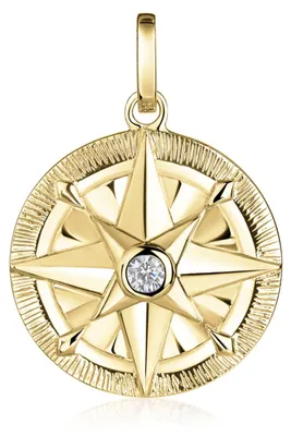 Goldener Kettenanhänger rund mit Windrose-Motiv und einem mittig gesetzten Zirkonia Stein in weiß.