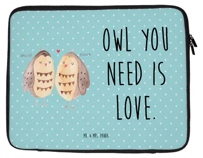 Produktbild von Mr. & Mrs. Panda Laptop Tasche Eulen Liebe 27 x 36 cm - Türkis Pastell - Geschenk, Pärchen, Eule, Hülle, Case, Laptophülle, Notebooktasche, Liebesspruch, Laptoptasche