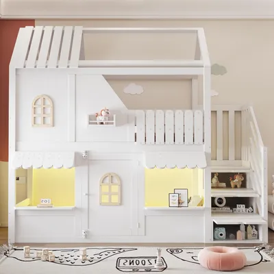 Produktbild von Merax Etagenbett Hochbett 90x200cm mit Stauraumleiter und  Fenstern, Hausförmiges Design mit Dach, Kinderbett mit LED-Beleuchtung und Regale,Weiß