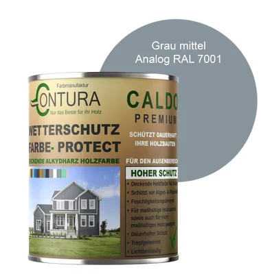 Produktbild von Contura 1Liter Wetterschutzfarbe Holz Dauerschutzfarbe Deckend Buntlack Holzfarbe Holzlasur Seidenmatt - Grau Mittel - RAL 7001 Analog