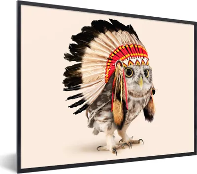 Produktbild von MuchoWow® Gerahmtes Poster Eule - Indianer - Federn - Tiere 40x30 cm - Poster mit Schwarzem Bilderrahmen Wandposter Rahmen Foto Bilder - Kunstposter - Wanddekorationen
