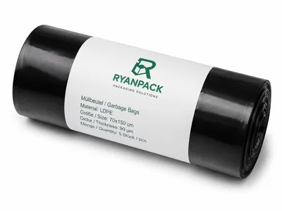 Obrázok produktu pre Vrecia na odpadky RyanPack bez uch LDPE 70 × 150 cm, 90 µ, čierne – balenie po 10 kusoch, Obrázok generovaný UI