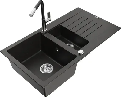 Produktbild von Mexen Matias 1,5-Becken-Granitspüle mit Abtropffläche und Mischbatterie Flora, Schwarz/Gold metallisch - 6502-75-670401-07