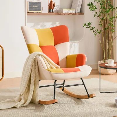 Image de Fauteuil à bascule en velours pour chambre d'enfant, avec structure métallique et socle en bois, rembourré, pour salon ou chambre à coucher, motif patchwork orange-jaune
