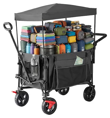 Produktbild von Relaxdays Bollerwagen, faltbar, 150 kg, Dach, Teleskop- & Schiebegriff, Gummireifen mit Bremse, Transportwagen, grau