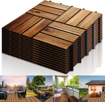 Zdjęcie produktu dla Jiubiaz 5m² drewniane płytki mozaika drewno akacjowe 44 sztuki 30x30 cm płytki balkonowe płytki ogrodowe płytki tarasowe do ogrodu taras balkon