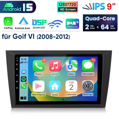 Obrázok produktu pre Autorádio Carplay 9" pre VW Golf VI (6), modelové roky 2008-2012, s operačným systémom Android 15, GPS navigáciou, Wi-Fi, Bluetooth, ovládaním z volantu (SWC), podporou DAB+, DSP, RDS a USB (4+64G)