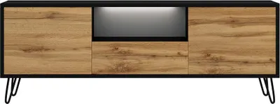 A modern TV lowboard with a wood-grain finish and black accents, shown against a white background.