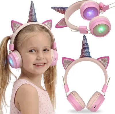 Produktbild von Kabellose On-Ear-Kopfhörer für Mädchen, mit Einhorn-Design, Bluetooth und LED-Licht