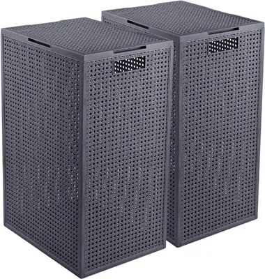 Produktbild von Curver Kaya Wäschekorb mit Deckel – 2er-Set – je 60 Liter – 38×29×58,5 cm – Anthrazit – Kunststoff – mit Belüftung