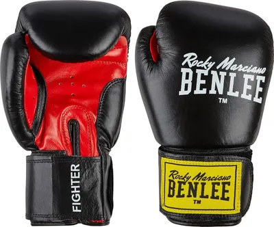 A pair of black and red boxing gloves are displayed against a white background.