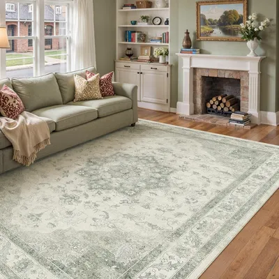 Imagen del producto de Alfombra vintage, color verde, 160x230 cm, de pelo corto, lavable, antideslizante, ideal para el salón