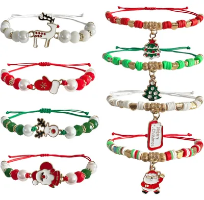 Productafbeelding van Kerstarmband - Set van 8 - Handgemaakt gevlochten kerstarmband - Kerstversiering knutselwerken - Vrolijke decoratie