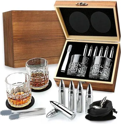 Image de Set de pierres à whisky en acier inoxydable - Cadeau pour homme - Pierres à whisky et verre - Idée cadeau pour papa - Cadeau de Noël.