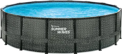 A round above-ground swimming pool with a grey rattan-look exterior and blue water.