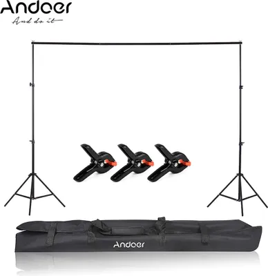Zdjęcie produktu dla Andoer 2 * 2m / 6.6 * 6.6ft Stojak na tło studyjne Regulowany system wsparcia tła fotograficznego ze stopu aluminium z torbą transportową 3-częściowe zaciski do tła