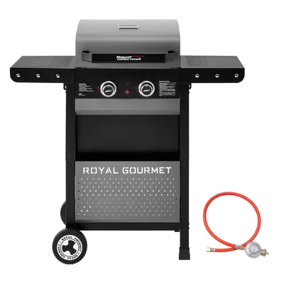A Royal Gourmet gas grill is shown in a studio setting with a white background. A red gas hose and regulator are placed to the right of the grill.