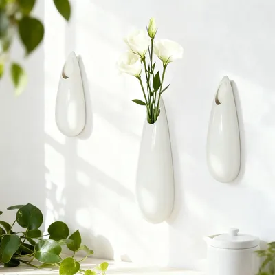 Produktbild von Hängende Keramik Wandvase Set, 3-teilig, weiß, für Innenpflanzen