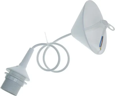 A white pendant light cord with a socket and a conical shade.