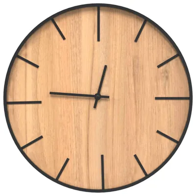 A close-up view of a round wall clock with a wooden face and black hands and hour markers.