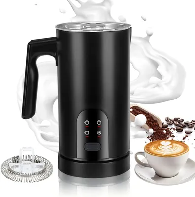 Obrázek produktu pro Elektrický pěnič na mléko – Automatický pěnič na mléko – Pro přípravu kávových specialit – 4 funkce v 1 – Objem 350 ml – Černá barva