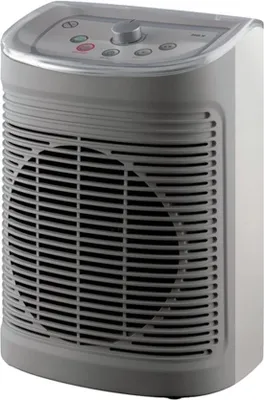 A gray personal heater with a transparent top.