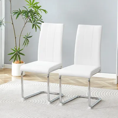 Produktbild von Weiße Esszimmerstühle 2er Set elegante Polsterstühle mit hoher Rückenlehne moderne Küchenstühle aus Kunstleder stabiles verchromtes Eisenrohrgestell