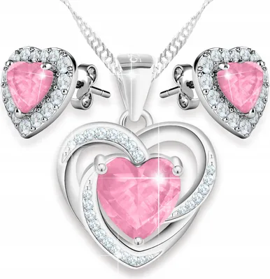 Image de Ensemble collier et boucles d'oreilles en argent avec coeurs roses et zirconium, argent 925