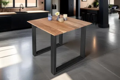 Produktbild von Esstisch 80x80 cm Atlanta, Akazienholz massiv + naturfarben, Esszimmertisch mit Schweizer Kante, U-Metallgestell Schwarz, massiver Holztisch