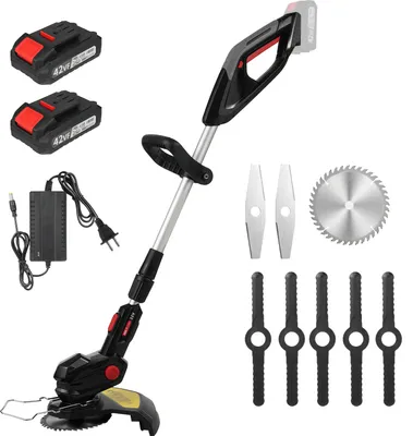 Produktbild von Elektrischer Unkrautfresser, kabelloser Rasentrimmer, Weed Wacker, batteriebetriebener Trimmer, Rasenkantenschneider mit einstellbarer Laenge und 3 Arten von Klingen, elektrischer Unkrautschneider fuer Garten und Hof