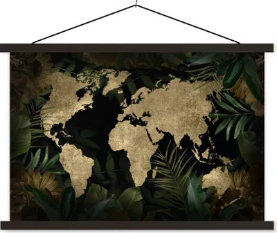 Produktbild von MuchoWow® Textilposter Weltkarte - Vintage - Tropische Pflanzen 120x80 cm mit schwarzem Rahmen - Wanddeko