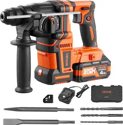 Produktbild von VEVOR Akku-Bohrhammer 13/16 Zoll SDS-Plus, 20 V Meißelhammer Bürstenlos mit Ladegerät & 3 Bohrer & Flachmeißel & Spitzmeißel & Transportkoffer, für Beton und Mauerwerk Schwarz Orange