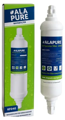 A water filter and its packaging are displayed against a white background.