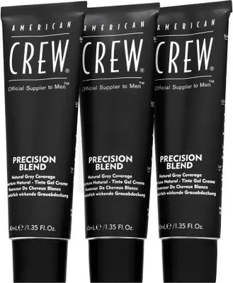 Three tubes of American Crew Precision Blend Natural Gray Coverage hair product are displayed side-by-side against a light gray background.