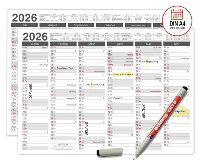 Produktbild von Abwischbarer Wandkalender 2026 A4 - "Grau" Jahresplaner 2026 abwischbar, inkl. Stift. Tafelkalender 2026, Robuster Kalender A4