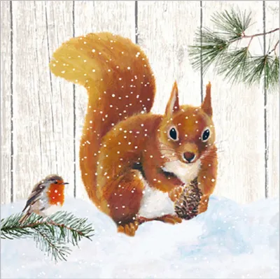 Produktbild von 20 Servietten, Eichhörnchen mit Rotkehlchen, 33 x 33 cm, Papierservietten, Tiere Tier Waldtiere