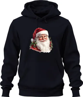 Produktbild von Weihnachtsmann Aquarell Portrait Brille Stechpalme Vintage Uni Hoodie Kapuzenpullover, Navy, S