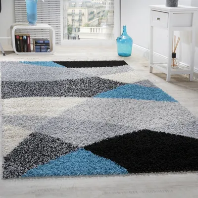 Produktbild von Shaggy Teppich Hochflor Langflor Weich Geometrisch Gemustert Grau Schwarz Türkis Grösse 140x200 cm