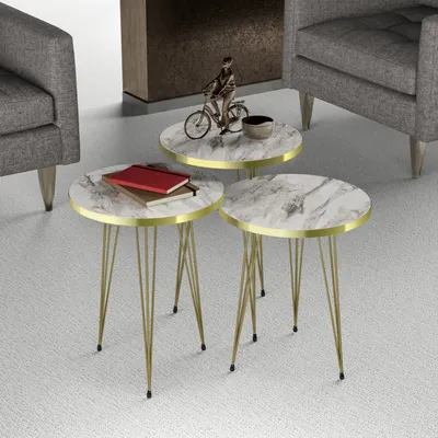 Satztisch ’Ry’ 3er Set rund Marmor-Optik Weiß / Gold