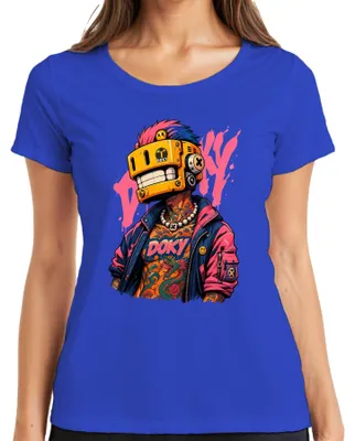 Produktbild von Doky Cyberpunk Roboter Maske Tattoo Drache Urban Japan Y2K Retro Damen T-Shirt, Blau, XL