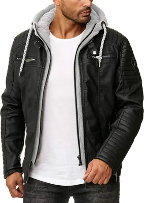 Productafbeelding van Herenjack in bikerstijl van kunstleer met capuchon, zwart/grijs