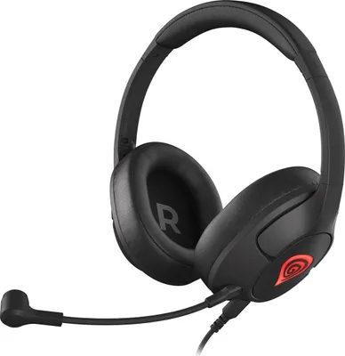 A black gaming headset with a microphone is shown against a white background.